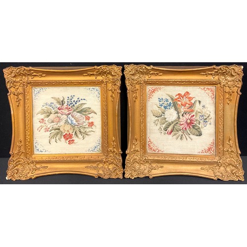 356 - A pair of Victorian still life samplers, flowers, within gilt frames