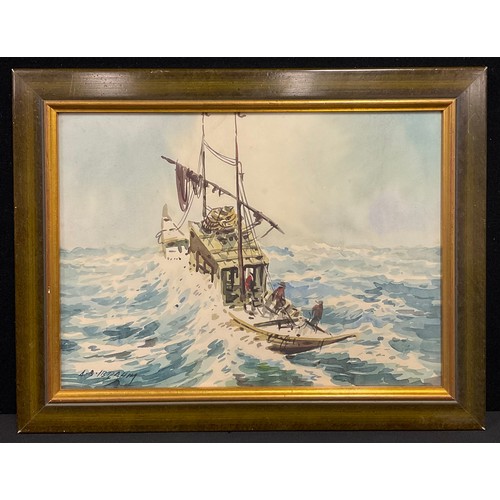 362 - Abu Baker (A.B.) Ibrahim (1925-1977)  
Fishing Rough Seas 
signed, watercolour on paper, 27cm x 36cm... 