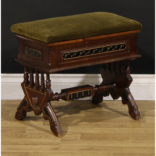 408 - An Arts & Crafts walnut, parcel-gilt and ebonised stool, hinged seat with stuffed-over upholstery, s... 