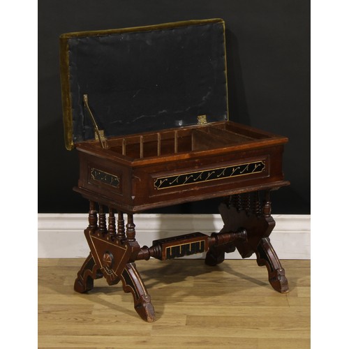 408 - An Arts & Crafts walnut, parcel-gilt and ebonised stool, hinged seat with stuffed-over upholstery, s... 