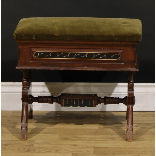 408 - An Arts & Crafts walnut, parcel-gilt and ebonised stool, hinged seat with stuffed-over upholstery, s... 