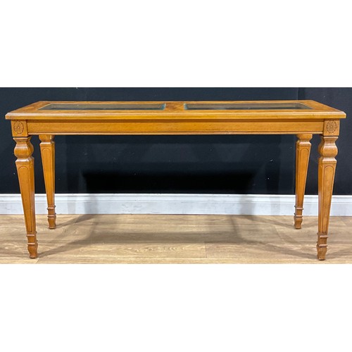 457 - A Louis XVI style elm and glass side table, 69cm high, 142.5cm wide, 40.5cm deep