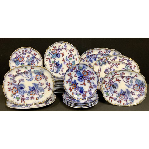 485 - A Victorian Rhoda Plant pattern flow blue dinner set, inc five graduated oval meat plates,, dinner p... 