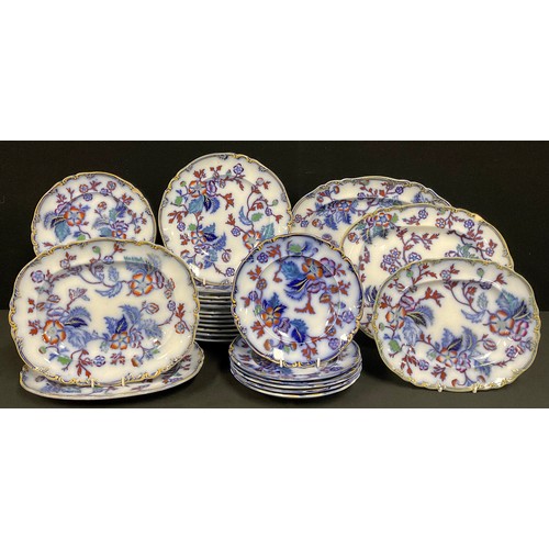 485 - A Victorian Rhoda Plant pattern flow blue dinner set, inc five graduated oval meat plates,, dinner p... 