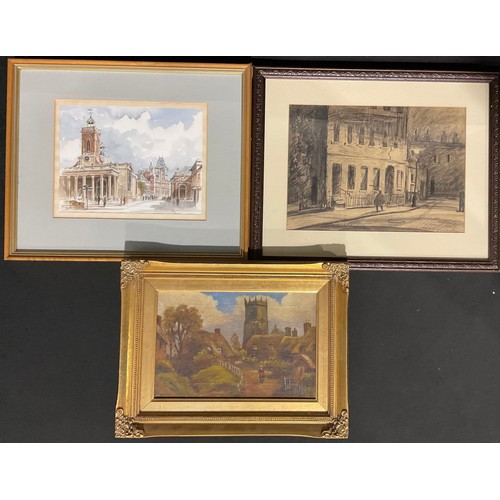 355 - Trevor Makinson  
Street Scene  
signed, charcoal and watercolour, dated 1945; another watercolour, ... 