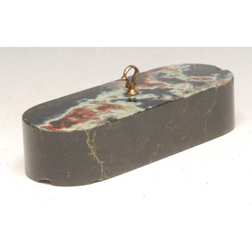 50 - A 19th century marble rounded rectangular desk weight, brass axehead handle, 17cm wide