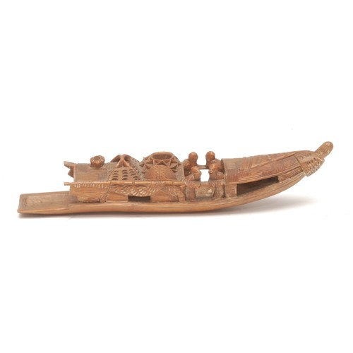 61 - An early 20th century Cantonese bamboo calligraphy brush tray, as a cargo boat carrying silks and sc... 