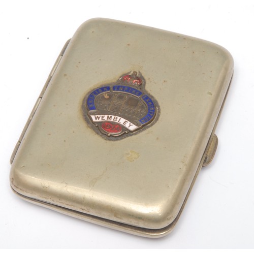 62 - A George V silver plated E.P.N.S. rectangular cigarette case, enamel mount to cover, British Empire ... 