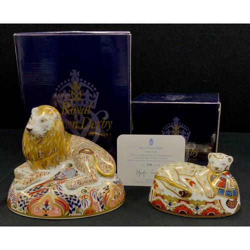 3 - Royal Crown Derby paperweights including; Recumbent Lion,16cm high, silver stopper;  Lion Cub , limi... 