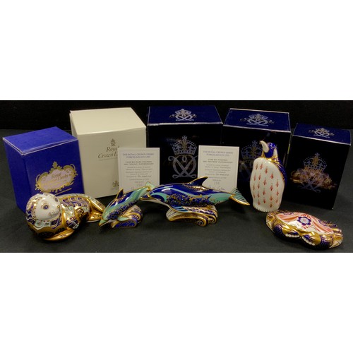 10 - Royal Crown Derby paperweights including; Lyme Bay Dolphin ‘Mother’, limited edition 156/1500, gold ... 