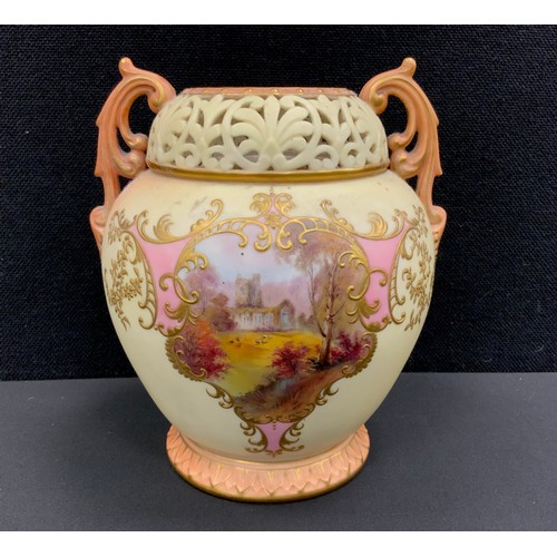 26 - A Royal Worcester blush ivory Potpourri vase, hand painted castle scene within pink and gilt border,... 