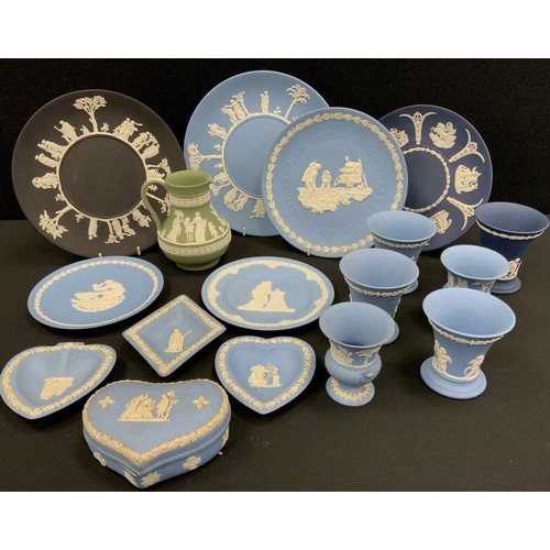 45 - Wedgwood Jasperware in Portland blue, blue, black and green including; trinket trays, vases and plat... 