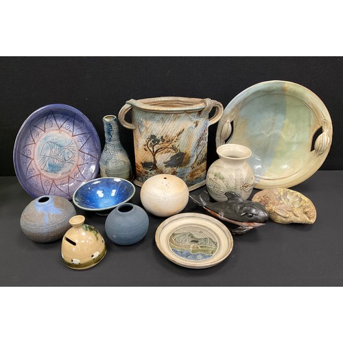 49 - A Helen Rhodes studio pottery globular ball vase;  others, oval vase decorated with stylized landsca... 