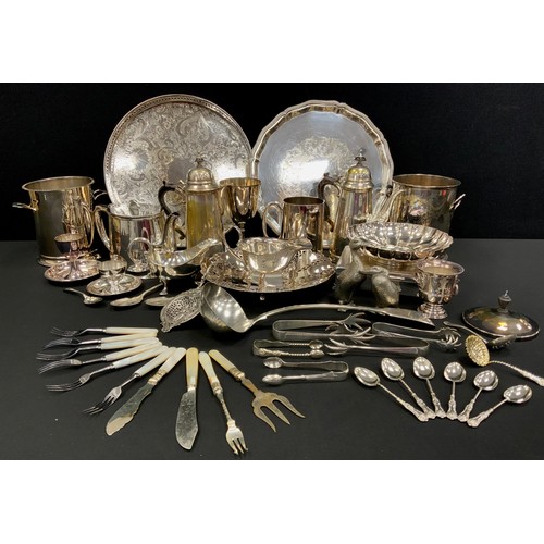 52 - Plated ware including; galleried trays, chocolate pots, fluted sweet meat dish, mother of pearl fish... 