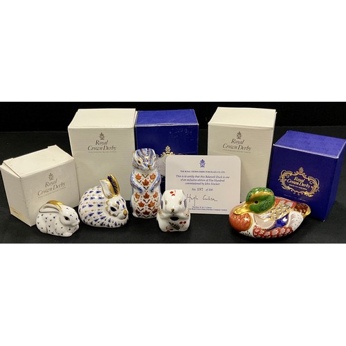 57 - Royal Crown Derby paperweights, including; Bakewell Duck, limited edition 197/500, with silver stopp... 