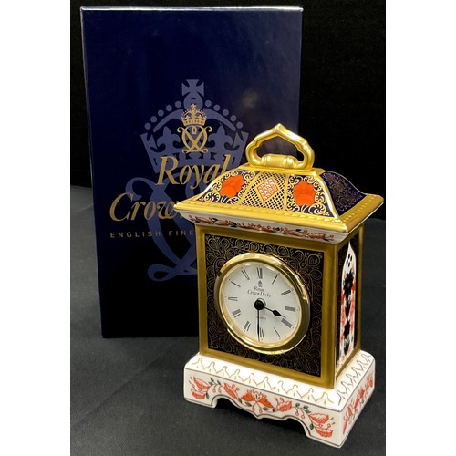 61 - A Royal Crown Derby, 1128 pattern, ‘Old Imari’ carriage clock, 18.5cm high, first quality, boxed