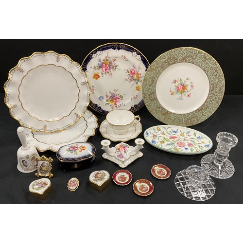 63 - Royal Crown Derby Lombardy plates, tea cup and saucer, Derby posie twin branch candlestick, other; M... 