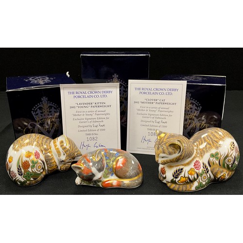 64 - Royal Crown Derby paperweights including; Clover cat ‘Mother’, limited edition 1982/1500, gold stopp... 