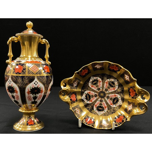 68 - Royal Crown Derby Golden Jasmine twin handled lidded vase,decorated in the 1128 pattern, 20cm high; ... 