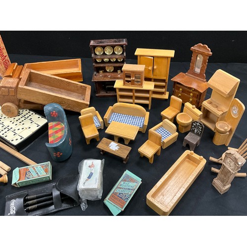 73 - Toys and juvenilia - Miniature doll house furniture, chess sets, dominoes, recorders; etc