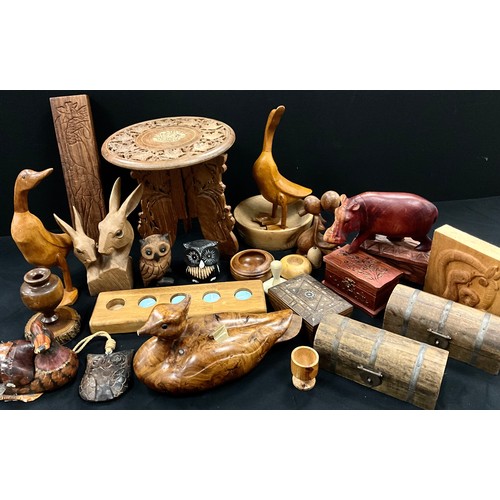 79 - Boxes and Objests - Treen ware, including; carved burr walnut Merganser, 34cm long, a pair of geese ... 