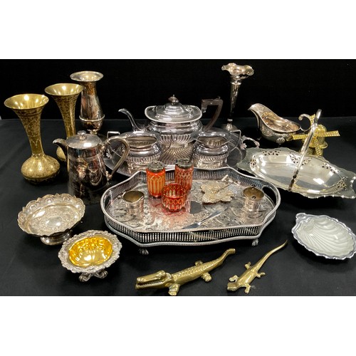 81 - Plated ware and Brass, including; a three piece tea service on tray, gravy boat, cranberry cut glass... 