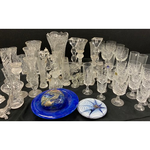 92 - Glassware - wine glasses, pair of candlesticks, Mdina type vase, Paperweight; etc.