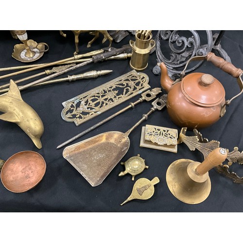 99 - Copper and Brass - brass candlesticks, fireside companion set, mother of pearl chamberstick; etc