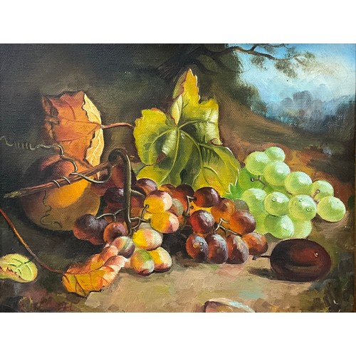 109 - R. Heindel, Grapes and Vine Leaves, a study with landscape beyond, signed, oil on canvas, 20.5cm x 2... 