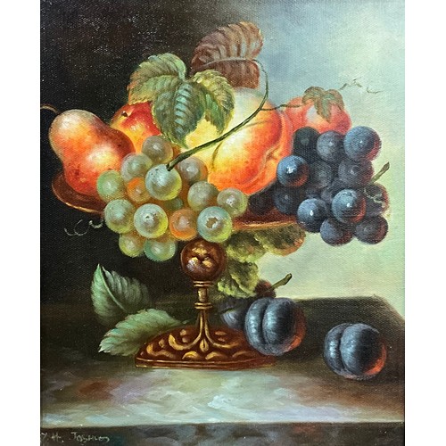 109 - R. Heindel, Grapes and Vine Leaves, a study with landscape beyond, signed, oil on canvas, 20.5cm x 2... 