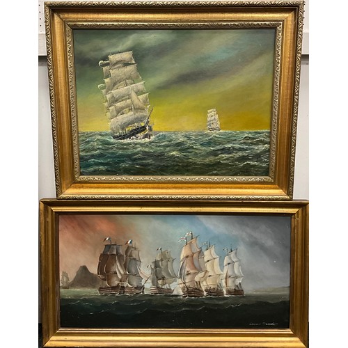 121 - Leonard Dench, Tall Ships Engaged in Battle, signed, oil on board, 37cm x 74cm;  Emily Patrick, Tea ... 