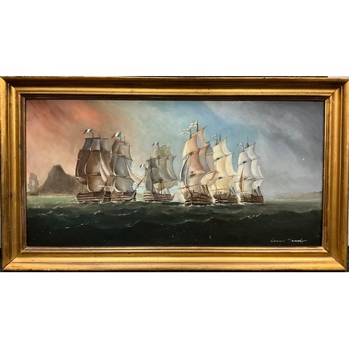 121 - Leonard Dench, Tall Ships Engaged in Battle, signed, oil on board, 37cm x 74cm;  Emily Patrick, Tea ... 