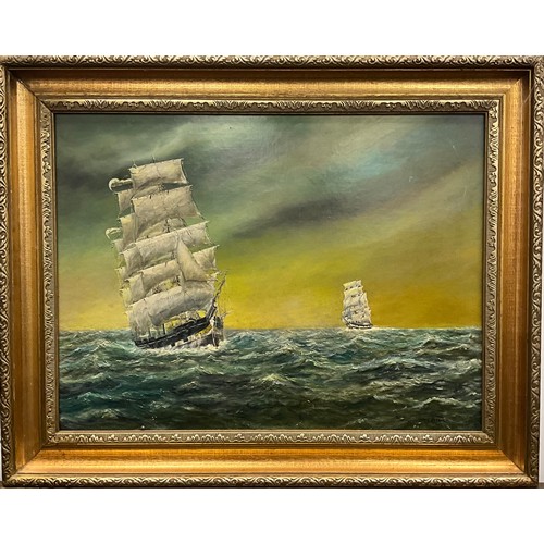 121 - Leonard Dench, Tall Ships Engaged in Battle, signed, oil on board, 37cm x 74cm;  Emily Patrick, Tea ... 