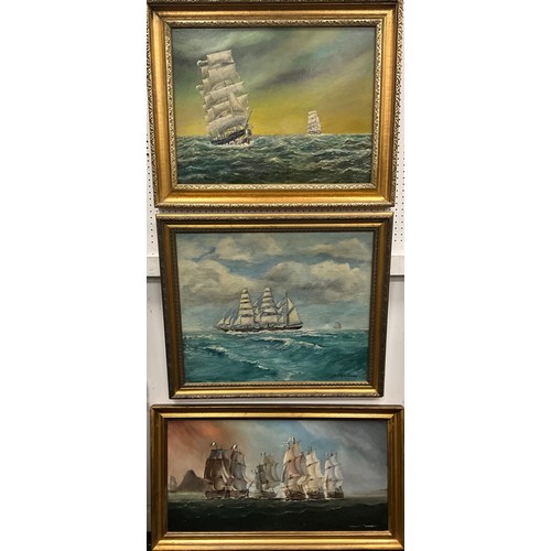 121 - Leonard Dench, Tall Ships Engaged in Battle, signed, oil on board, 37cm x 74cm;  Emily Patrick, Tea ... 