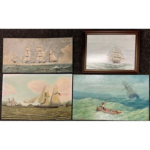 130 - T. McCabe, A Ship in Distress, signed, oil on board, 32.5cm x 53cm;  F. J. Collinson, Clipper Ship, ... 