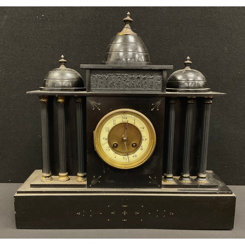 150 - A 19th century French Belge Noir mantel clock, three domed temple, 42cm x 43cm