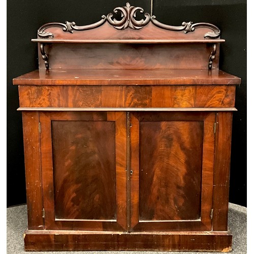 164 - A Victorian mahogany Chiffonier cabinet, carved quarter galleried top, with single shelf, carved C-s... 