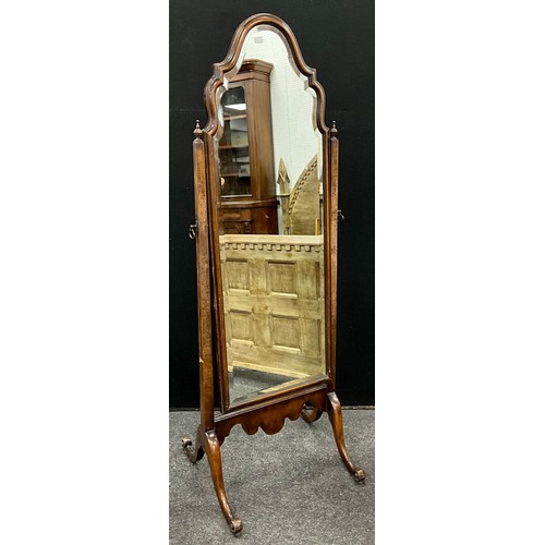 172 - An Edwardian Walnut Cheval Mirror, shaped bevelled glass, tapered square supports, cabriole legs wit... 