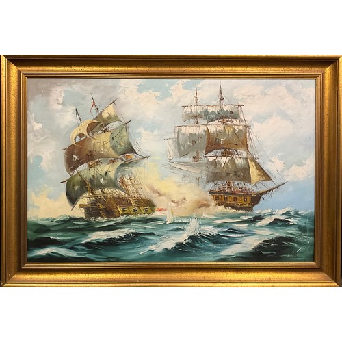 192 - Continental school, Tall ships engaged in battle, indistinctly signed, oil on canvas, 58.5cm x 90cm.