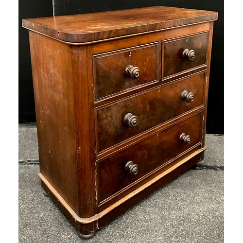 202 - A Victorian mahogany chest of drawers, D-shaped front, with over-sailing top, above two short, and t... 