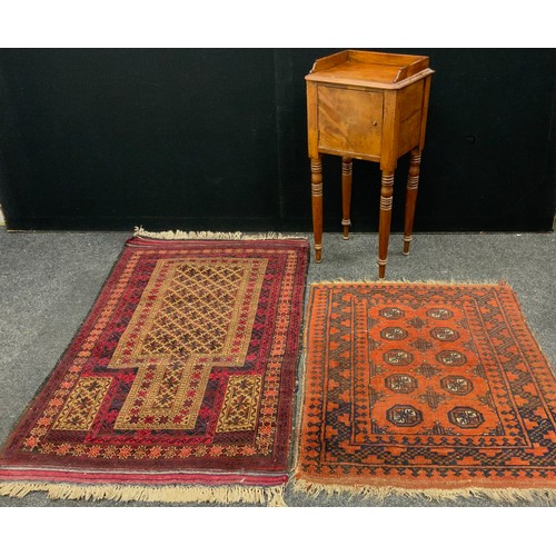 203 - A hand-knotted Tribal Afghani style prayer rug / mat, 145cn x 82cm;  another small rug;  and a mahog... 