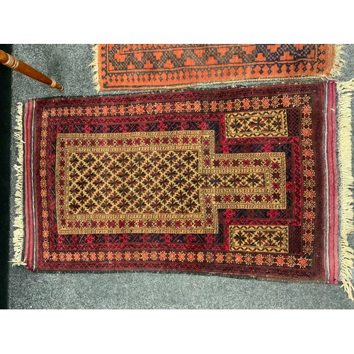 203 - A hand-knotted Tribal Afghani style prayer rug / mat, 145cn x 82cm;  another small rug;  and a mahog... 