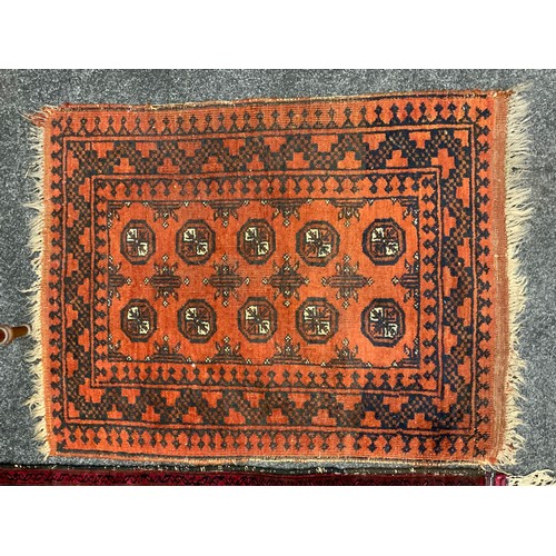 203 - A hand-knotted Tribal Afghani style prayer rug / mat, 145cn x 82cm;  another small rug;  and a mahog... 