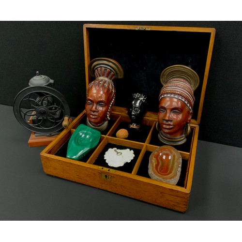 207 - An early 20th century Oak collector's box; pair of carved wood 'Tribal' style bust heads; 
malachite... 