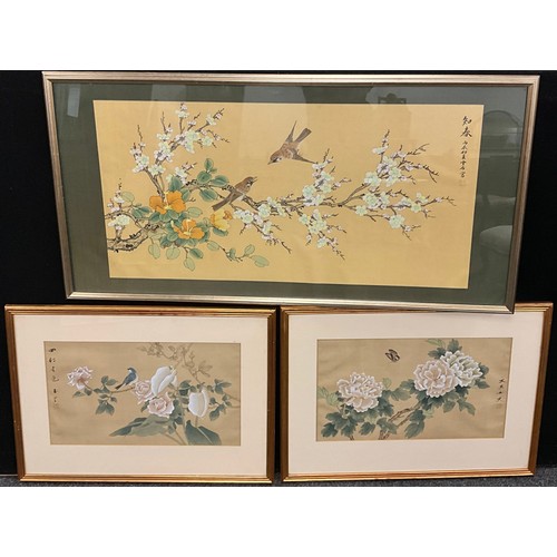 224 - Chinese school, Pair of Tree Sparrows on Flowering Prunus, Bing Chen Palace Gardens, signed, and tit... 