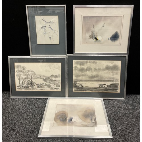 232 - Edward S. Billin, a pair of pencil sketches, ‘No day for Sailing, Aldeburgh’, and ‘Over-looking Dam ... 