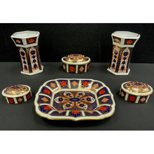 58 - Royal Crown Derby 1128 Old Imari pattern pair of hexagonal vases, 12cm high;  a trinket tray, a set ... 