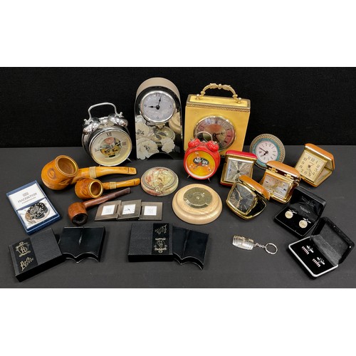 251 - Clocks and time pieces - Skeleton dial alarm clock, traveling clocks, pipes, cufflinks etc