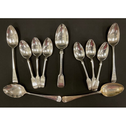 266 - A pair of George III silver serving spoons, London, 1803; others silver plate, 104.5 grams total sil... 