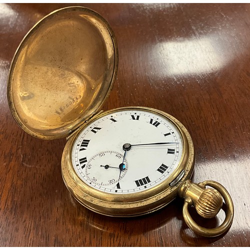 293 - A Dennison Star gold plated hunter pocket watch, white dial, bold Roman numerals, stem wind movement... 